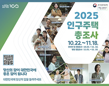 통계청 2025 Census 센서스 100년
국가데이터처
2025 인구주택총조사
10. 22. ~ 11. 18.
인터넷 및 전화조사 : 2025. 10. 22. ~ 11. 18.
방문 면접조사 : 2025. 11. 1. ∼ 11. 18.
당신의 답이 대한민국에 좋은답이 됩니다
대한민국에 당신의 답을들려주세요
QR코드 : https://www.census.go.kr 로 연결됩니다.