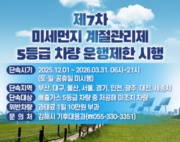 제7차 미세먼지 계절관리제 5등급 차량 운행제한 시행
단속시기 : 2025.12.01 ~ 2026.03.31. 06시~21시(토·일·공휴일 미시행)
단속지역 : 부산, 대구, 울산, 서울, 경기, 인천, 광주, 대전, 세종시
단속대상 : 배출가스 5등급 차량 중 저공해 미조치 차량
위반차량 : 과태료 1일 10만원 부과
문 의 처 : 김해시 기후대응과(☎055-330-3351)