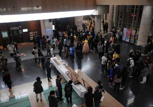 Lobby in the performance hall in Gimhae Gayageum Festival and panoramic view on the exhibition of Gayageum
