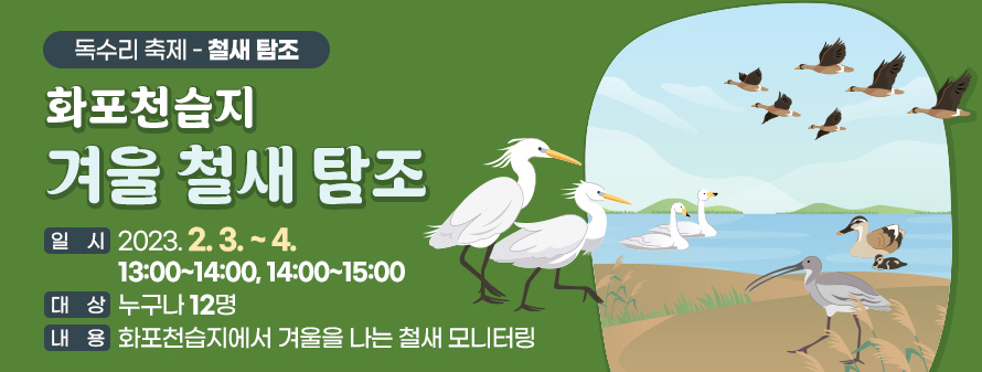 독수리 축제 - 철새 탐조<br />
화포천습지 겨울 철새 탐조<br />
일시 : 2024. 2. 3. ~ 4. / 13:00~14:00, 14:00~15:00<br />
대상 : 누구나 12명<br />
내용 : 화포천습지에서 겨울을 나는 철새 모니터링