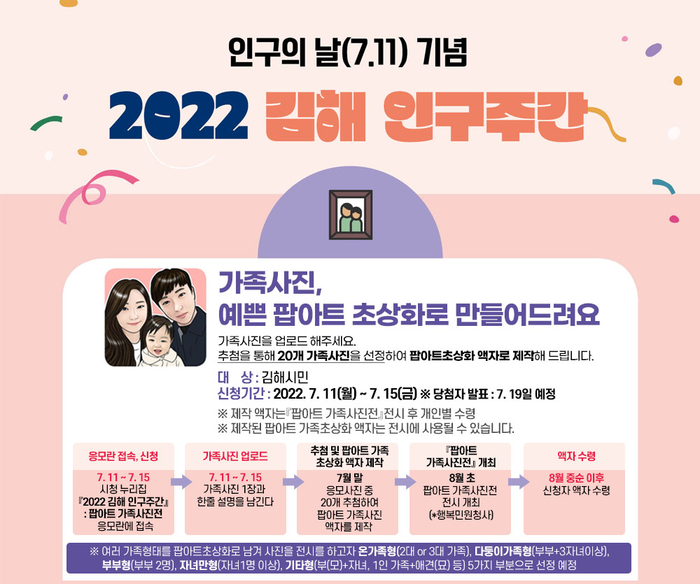 
  인구의 날(7.11) 기념
2022 김해 인구주간
  가족사진, 예쁜 팝아트초상화로 만들어드려요
가족사진을 업로드 해주세요. 
추첨을 통해 20개 가족사진을 선정하여 팝아트초상화 액자로 제작해 드립니다.  
 ○ 대    상 : 김해시민
 ○ 신청기간 : 2022. 7. 11(월) ~ 7. 15(금) ※ 당첨자 발표 : 7. 19일 예정
    ※ 제작 액자는『팝아트 가족사진전』전시 후 개인별 수령
    ※ 제작된 팝아트 가족초상화 액자는 전시에 사용될 수 있습니다. 
  
응모란 접속, 신청 - 7. 11 ~ 7. 15, 시청 누리집, 『2022 김해 인구주간』 : 팝아트 가족사진전 응모란에 접속
  -> 가족사진 업로드 - 7. 11 ~ 7. 15, 가족사진 1장과 한줄 설명을 남긴다
  -> 추첨 및 팝아트 가족 초상화 액자 제작 - 7월 말, 응모사진 중 20개 추첨하여 팝아트 가족사진 액자를 제작
  -> 『팝아트가족사진전』 개최 -  8월 초, 팝아트 가족사진전 전시 개최 (*행복민원청사)
  -> 액자 수령 - 8월 중순 이후 신청자 액자 수령
 ※ 여러 가족형태를 팝아트초상화로 남겨 사진을 전시를 하고자 온가족형(2대 or 3대
    가족), 다둥이가족형(부부+3자녀이상), 부부형(부부 2명), 자녀만형(자녀1명 이상),
    기타형(부(모)+자녀, 1인 가족+애견(묘) 등) 5가지 부분으로 선정 예정