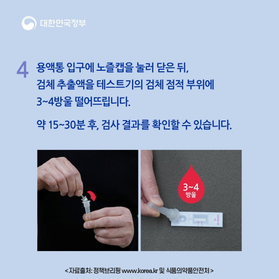 4.용액통 입구에 노즐캡을 눌러 닫은 뒤, 검체 추출액을 테스트기의 검체 점적 부위에 3~4방울 떨어뜨립니다. 약15~30분 후, 검사 결과를 확인할 수 있습니다. 자료출처: 정책브리핑 www.korea.kr 및 식품의약품안전처