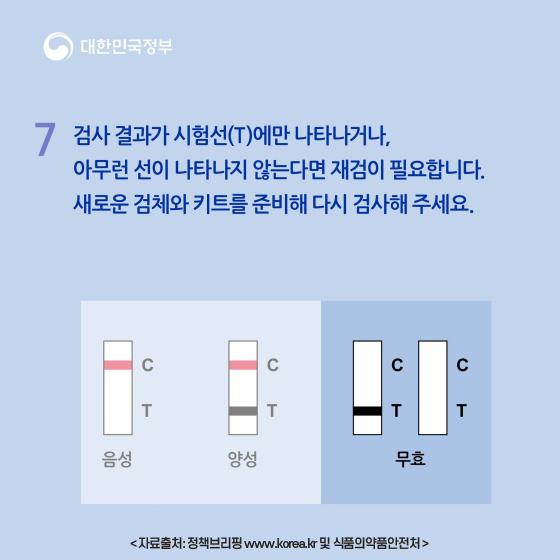 7.검사 결과가 시험선(T)에만 나타나거나, 아무런 선이 나타나지 않는다면 재검이 필요합니다.새로운 검체와 키트를 준비해 다시 검사해 주세요. 자료출처: 정책브리핑 www.korea.kr 및 식품의약품안전처
