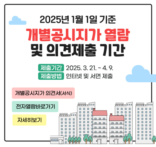 2025년 1월 1일 기준 개별공시지가 열람 및 의견제출 기간

제출기간: 2025.3.21. ~ 4.9.
제출방법: 인터넷 및 서면 제출
개별주택가격 의견서(서식)
전자열람바로가기
자세히보기