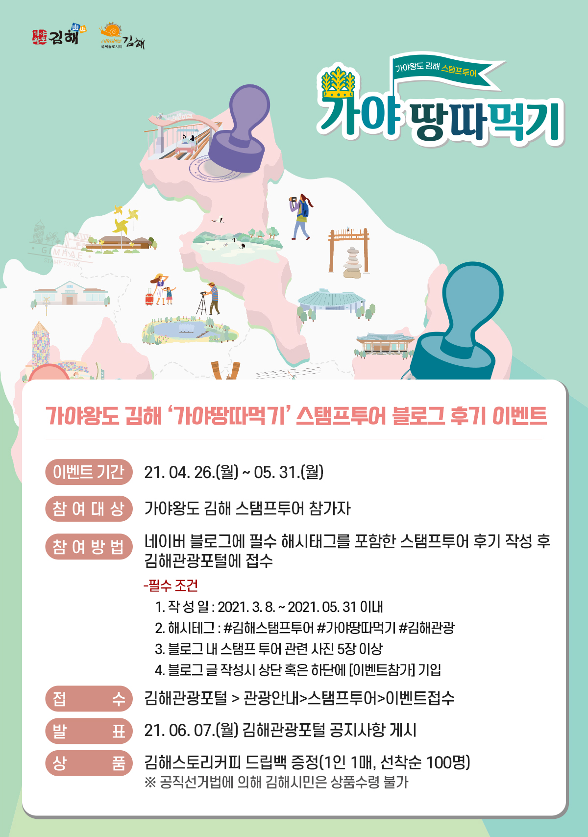 가야왕도 김해 가야 땅따먹기 스탬프투어 블로그 후기 이벤트
이벤트 기간 : 21. 04. 26.(목) ~ 05. 31.(월)
참 여 대 상 : 관외시민 중 스탬프투어 참가자
                  (※공직선거법에 의해 김해시민은 기념품 수령 불가)
참 여 방 법 : 네이버 블로그에 필수 해시태그를 포함한 스탬프투어 후기 작성 후 김해관광포털에 접수  
-필수 조건
작 성 일 : 2021. 3. 8. ~ 2021. 05. 31 이내
해시테그 : #김해스탬프투어 #가야땅따먹기 #김해관광
블로그 내 스탬프 투어 관련 사진 5장 이상 
접       수 : 김해관광포털 > 관광안내 > 이벤트 접수
발    표 : 21. 06. 07.(월) 김해관광포털 공지사항 게시
상    품 : 김해스토리커피 드립백 증정(1인 1매, 선착순 100명)
※21. 06. 07일부터 일괄 발송