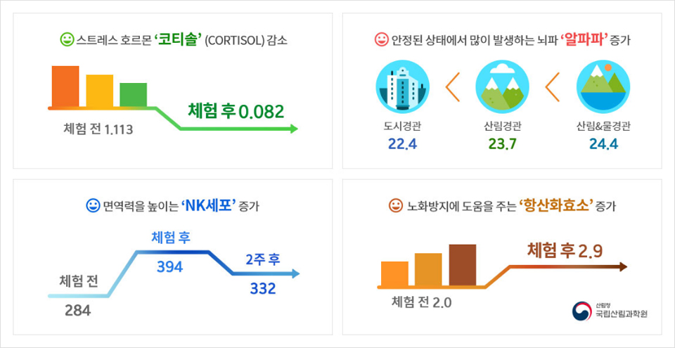 스트레스 호르몬 '코티솔' (CORTISOL)감소 체험 전1.113 체험 후0.082
안정된 상태에서 많이 발생하는 뇌파 '알파파'증가
도시경관 22.4 < 산림경관 23.7 < 산림&물경관 24.4
면역력을 높이는 'NK세포'증가
체험 전284 체험 후394 2주 후332
노화방지에 도움을 주는 '항산화효소'증가
체험 전2.0 체험 후2.9
산림청 국립산립과학원